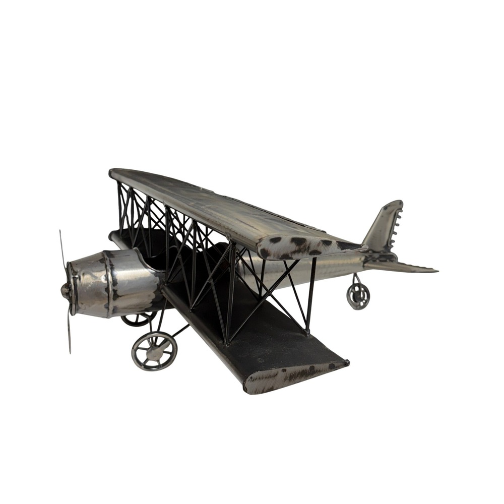 Vtg Style Metal Biplane Model Propeller Plane Industrial Decor Silver Black 19in - Picture 4 of 9